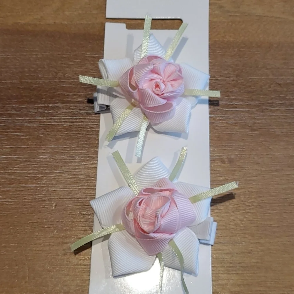 Pink Rose Hair Clips Set of 2 Boutique Flower Girl Hair Bows
